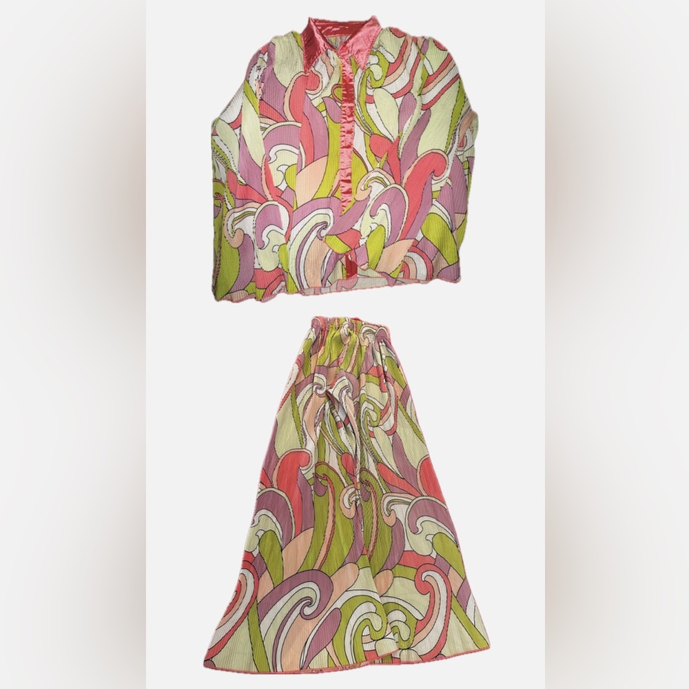 Flowy Psychedelic Swirl Pleated Pants and Blouse Set